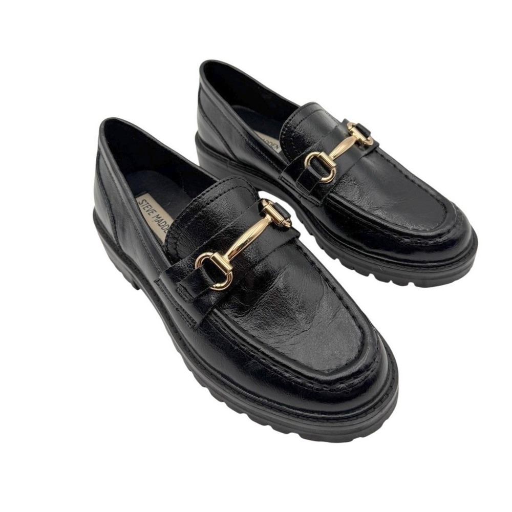 Steve Madden Mistor Black Leather Horsebit Lug Sole Loafers Womens 7M Preppy